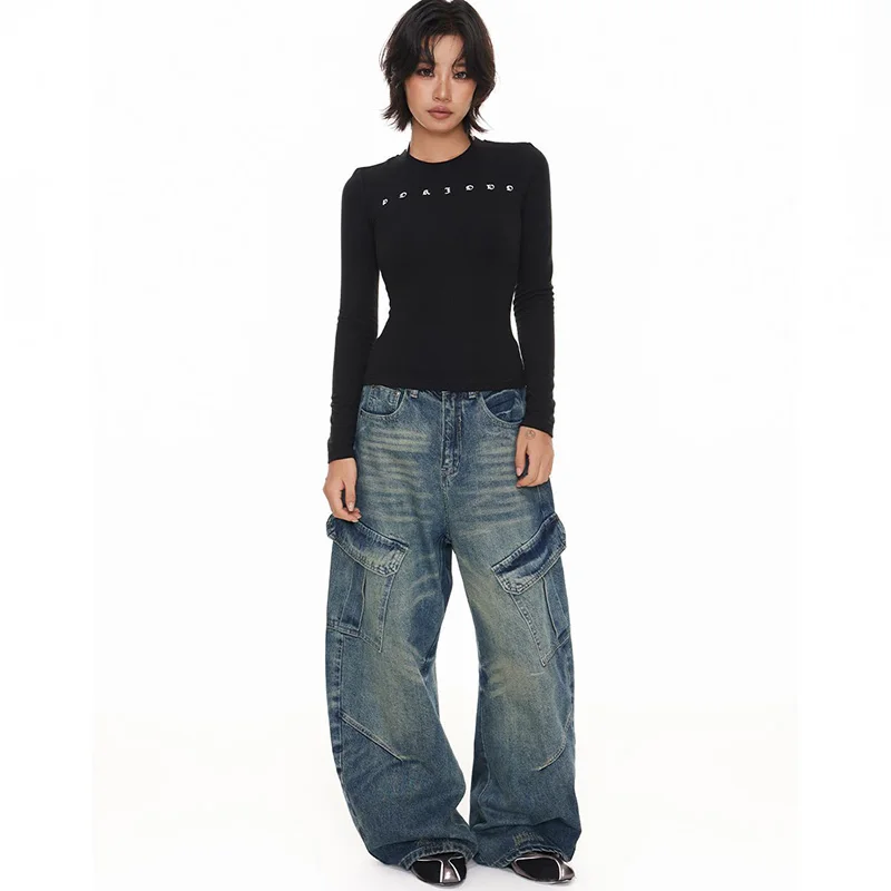 Fashionable Casual Multi Pocket Curved Jeans Men'S And Women'S Micro Flared Wide Leg Pants Straight Leg Workwear Pants