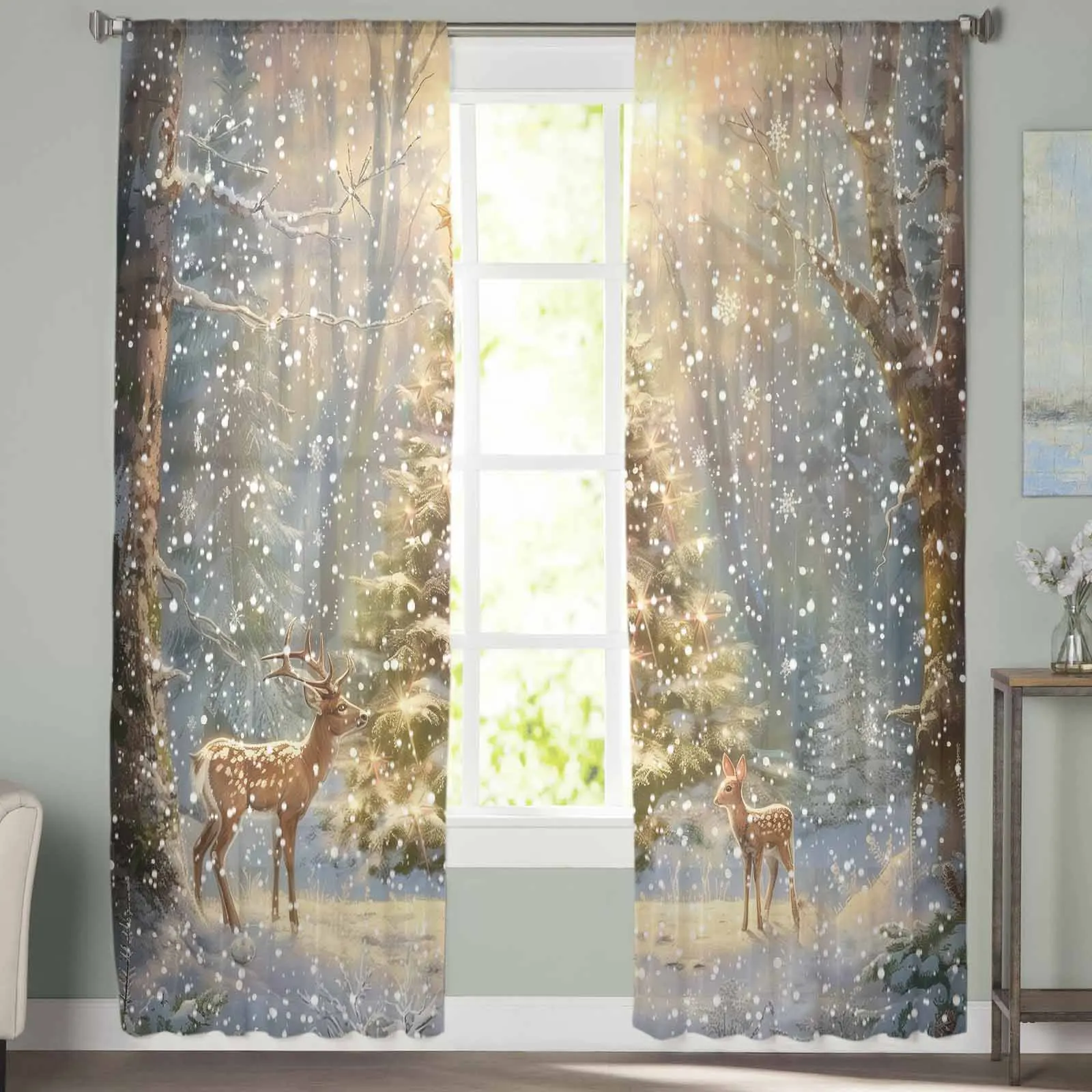 Christmas Snow Scenery Snowflakes Trees Deer Sheer Curtains Modern Gauze Curtain for Living Room Bedroom Voile Yarn Curtains