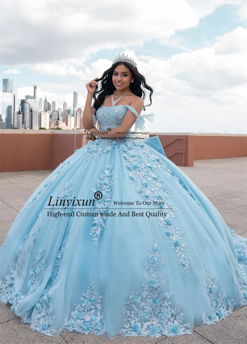 Vestidos de Quinceañera de flores azules cielo dulce con capa, vestido de baile de espagueti, vestido de cumpleaños con cordones, dulce 16 vestidos, Cenicienta de México