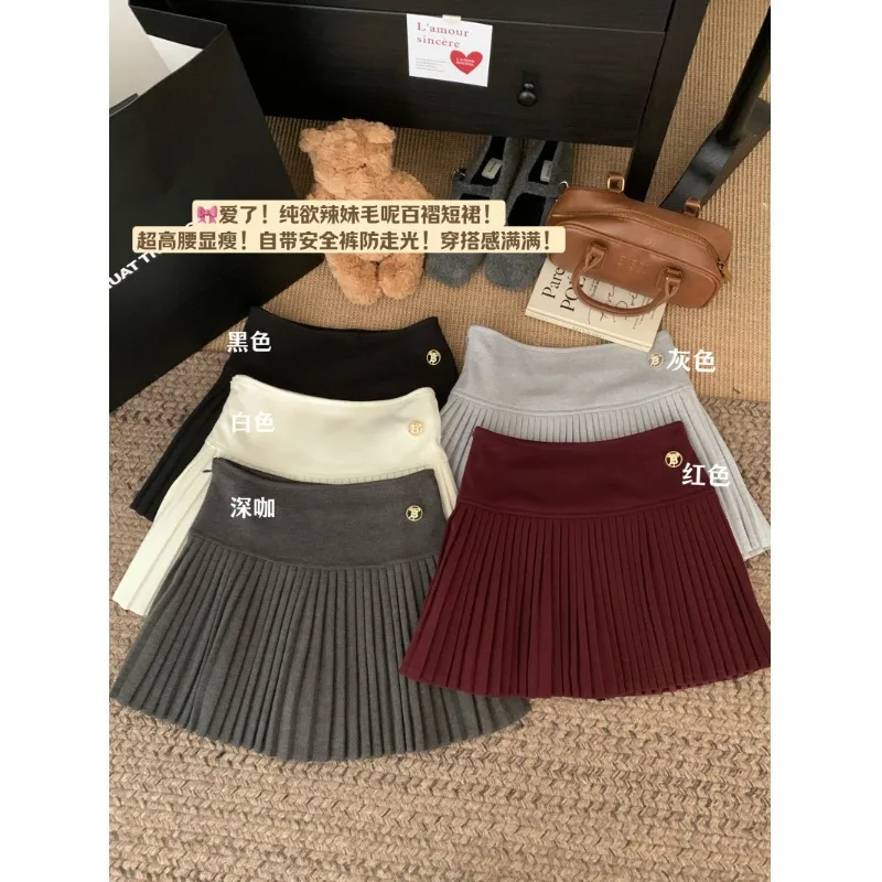 

Pleated Skirt Preppy Style High Waist Woolen Fabric Skirt New Sweet Cute Versatile Skirt Autumn Winter Student A-Line Skirt