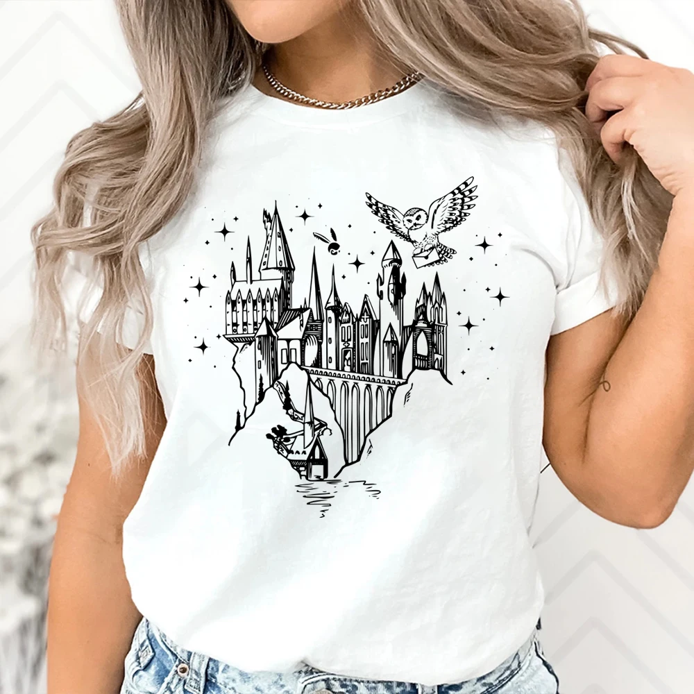 Aesthetic HP Tshirt  Summer Men Women Short Sleeved Shirt Harajuku Castle T Shirt Vintage Wizard Shirts Unisex Magical Top