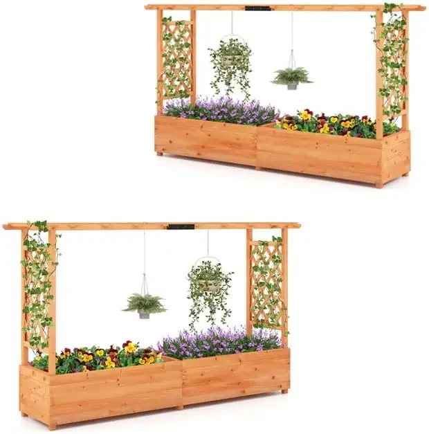 Wooden Freestanding Wood Planter Box, w/ 8 Drainage Holes for Vine Climbing, Raised Garden Bed with Trellis and Hanging Roof