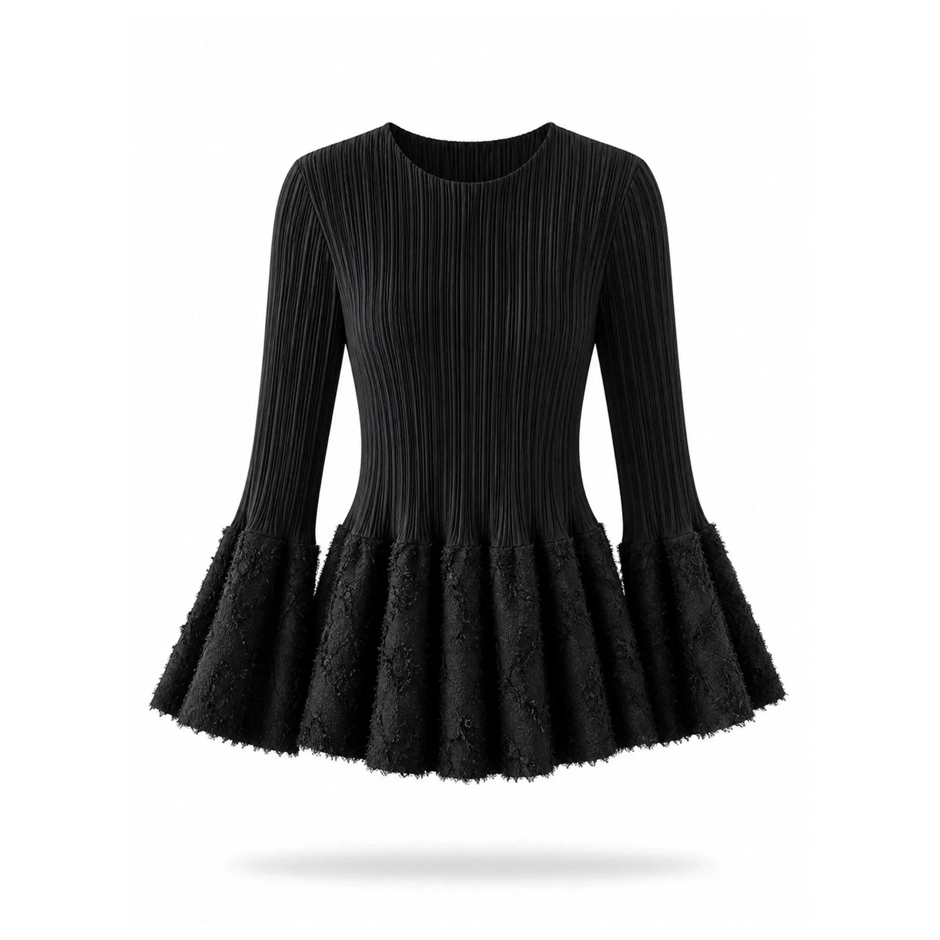 Miyake Style Women Black Pleated Top Round Neck Long Sleeve Spliced Ruffle Hem Blouse