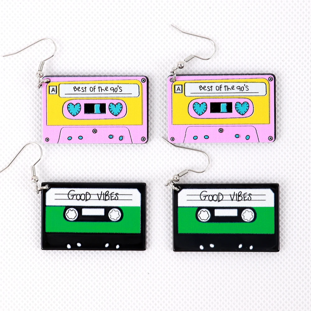 

Cute Best of the 90s Letter Cassette Tape Acrylic Earrings for Women Vintage Record Square Tape Dangle Earring Funny Jewelry