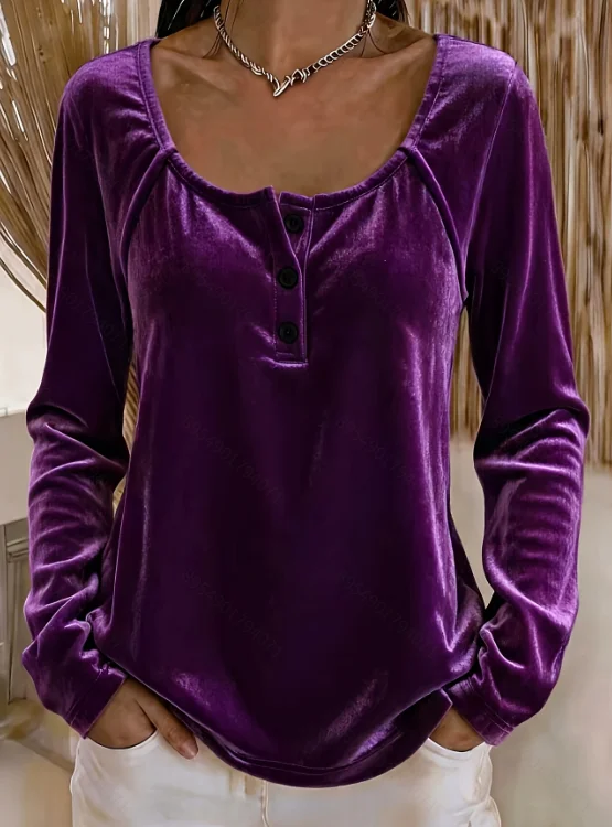 Damen-Top aus Samt mit langen Ärmeln und Henley-Ausschnitt in Übergröße, elastische, einfarbige, lässige Bluse mit Rundhalsausschnitt für Damen – Detail 5