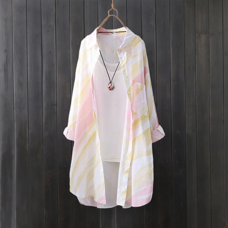 Szyfonowa koszula damska letnia o średniej długości, bluzki z nadrukiem, odzież ochronna, duży rozmiar, luźny krój, styl zachodni, cienka koszula.
