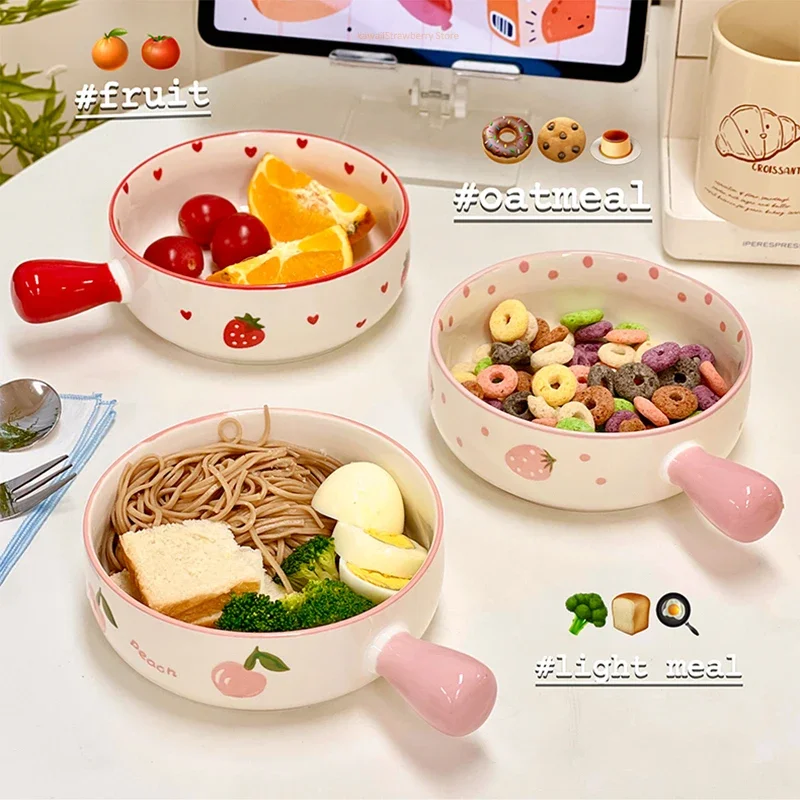 Cute Strawberry Peach Bowl Plate Kitchen Bowl with Handle Tableware Gift for Kids Girl Women Ceramic Fruit  Salad Noodle Ramen