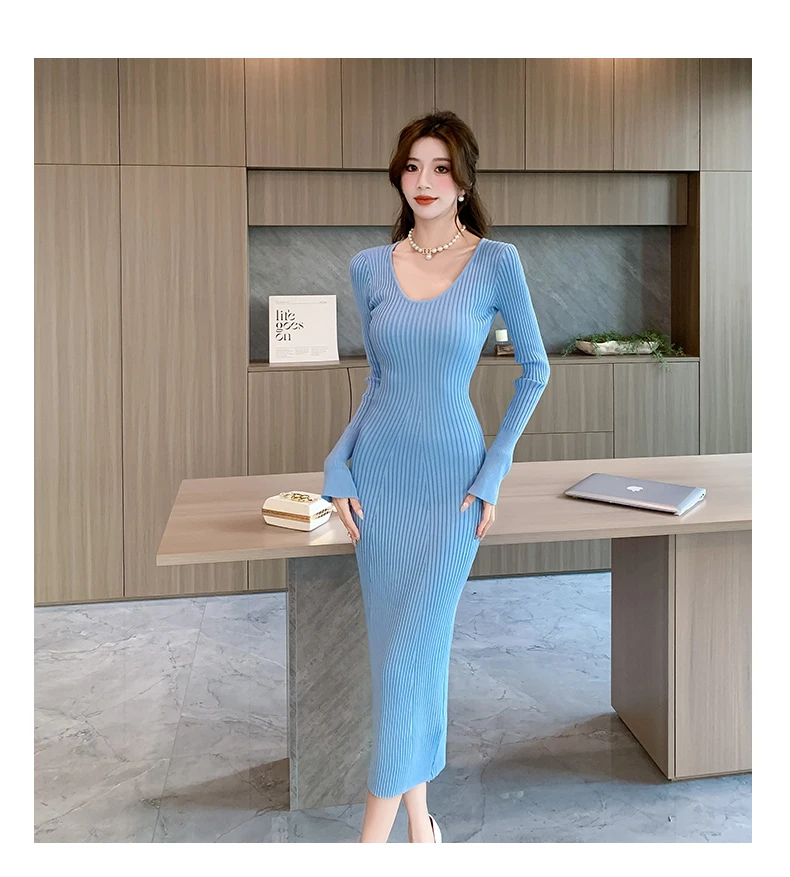 Langes Strickkleid für Damen 2026 Herbst Winter Neuerscheinung Langes Kleid mit Trompetenärmeln und V-Ausschnitt Koreanischer Stil Modisches Damenkleid – Detail 22