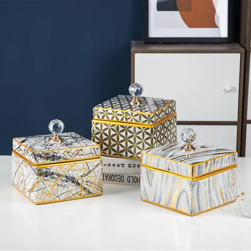 

Square Storage Jewelry Box Ceramic Storage Box Marbled Candy Jar Porcelain Handicraft Ornaments Home Decoration Vintage Bottle