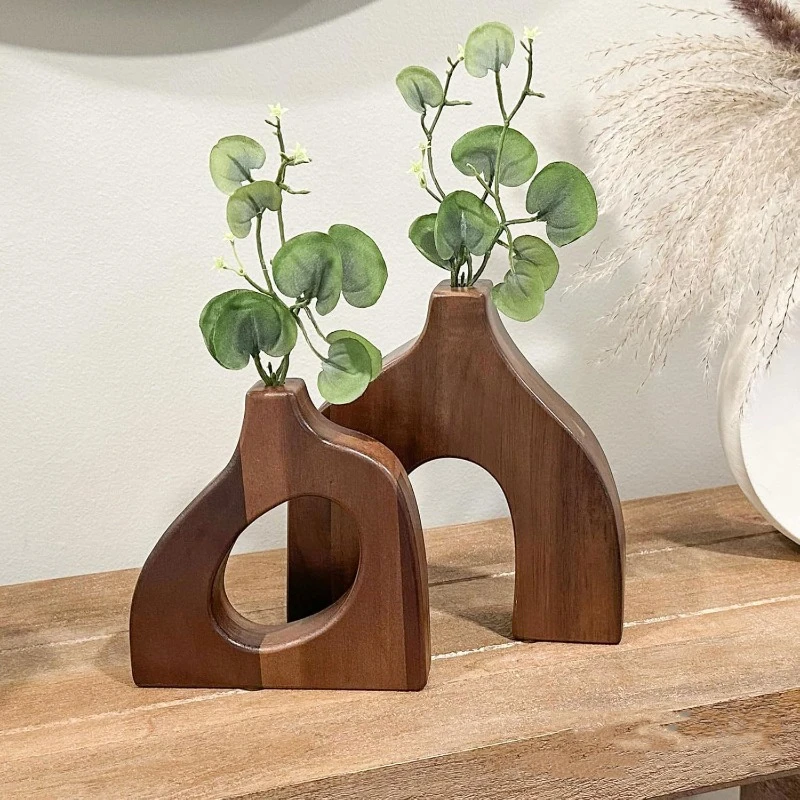 2pcs/set Nordic Solid Wood Table Flower Stand with Acacia Wood Vase Creative Home Desktop  for Flower Arrangement Decor