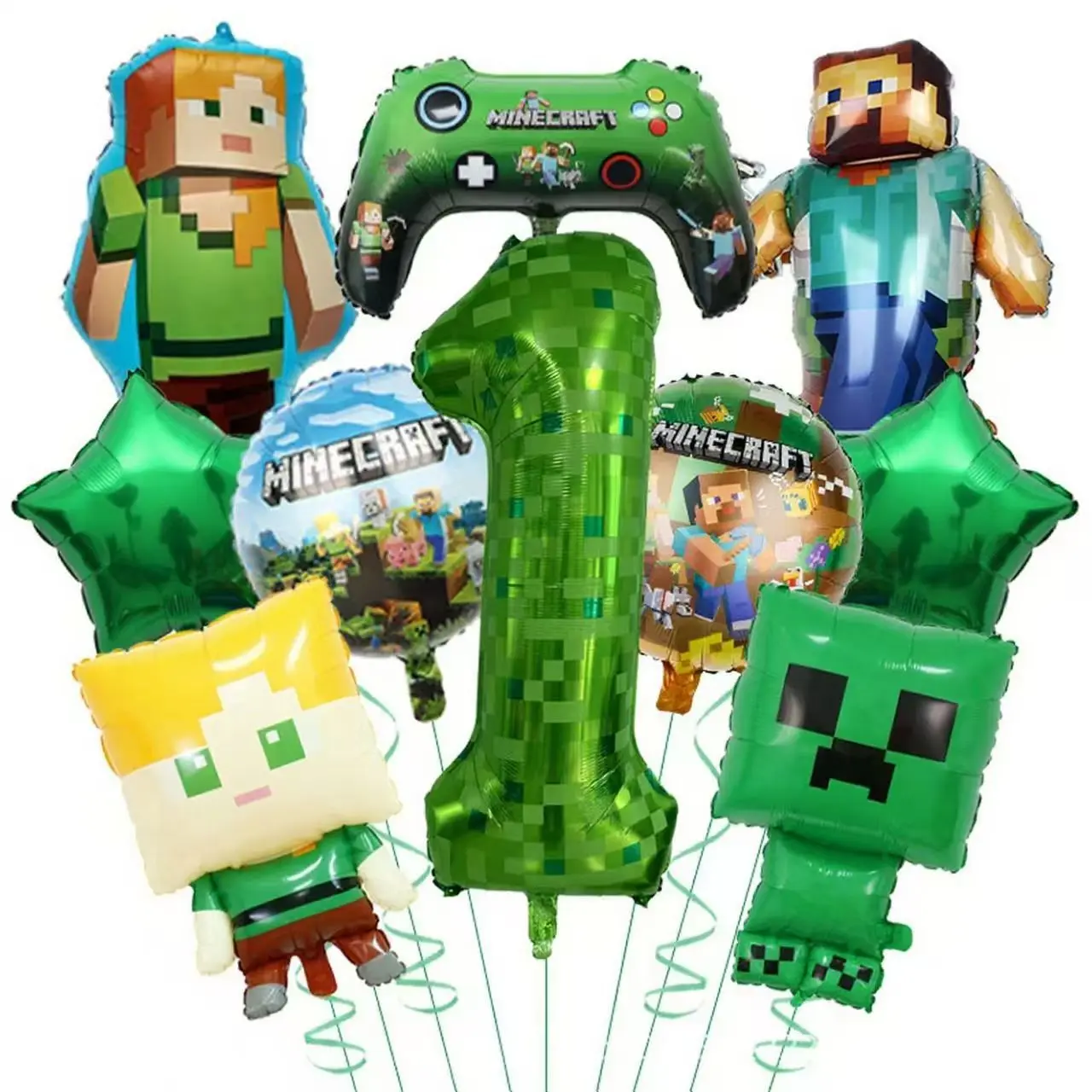 

Hot Game Minecrafts Green Digital 1-9 Pixel Boy Laborer Afraid of Steve Style Aluminum Film Balloon Birthday Decoration Gifts