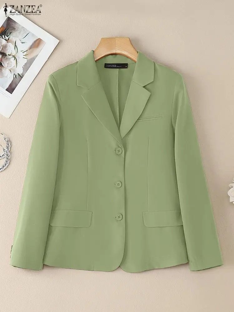 

ZANZEA, легкий однотонный пиджак, женский элегантный пиджак с зубчатыми лацканами и длинными рукавами на пуговицах, осень 2024, офисная верхняя одежда