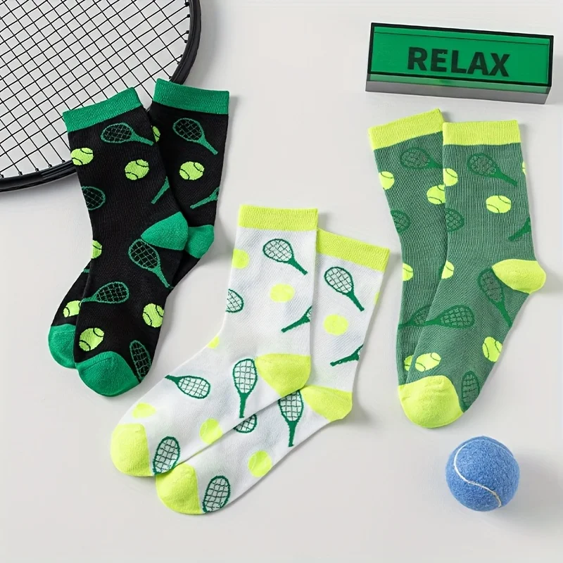 

1/3Pairs Sports Socks New Unisex Fashionable Comfortable Breathable Tennis Pattern Quick Dry Sweat Absorb Mid-Calf Socks