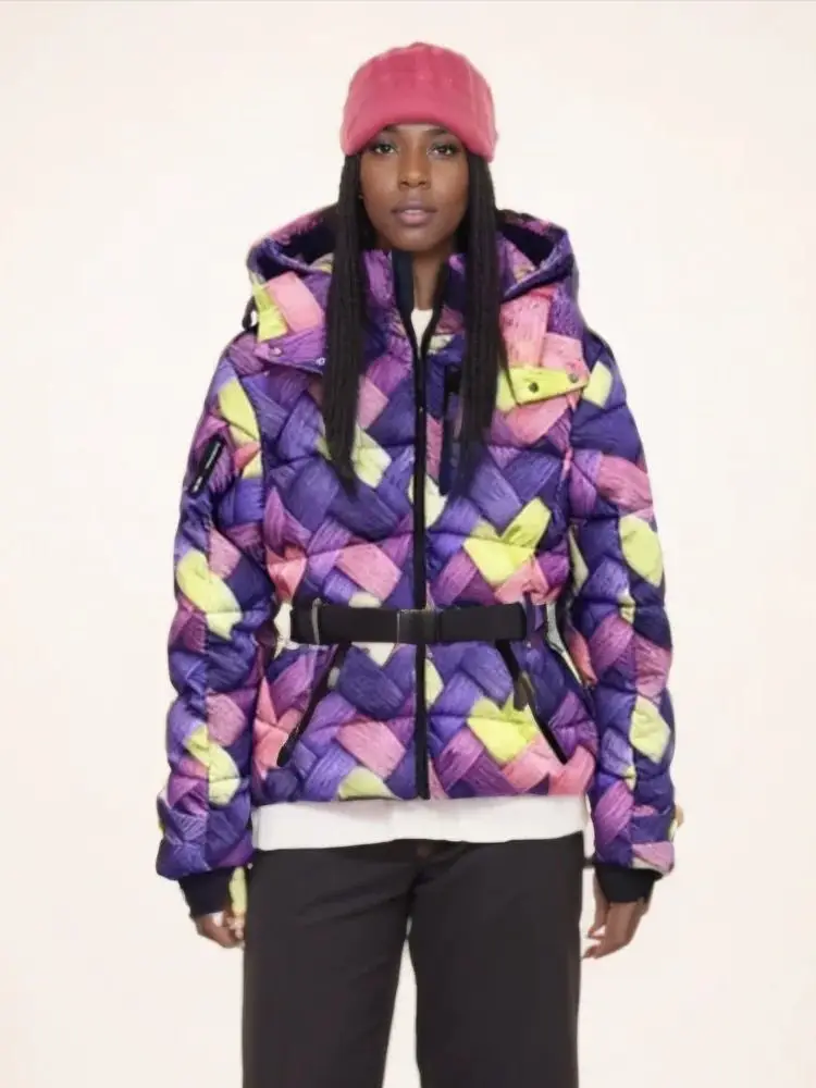 

Женские зимние спортивные парки с капюшоном и высокой талией, пальто с поясом, женские элегантные теплые карманы, ветрозащитные фиолетовые лыжные куртки