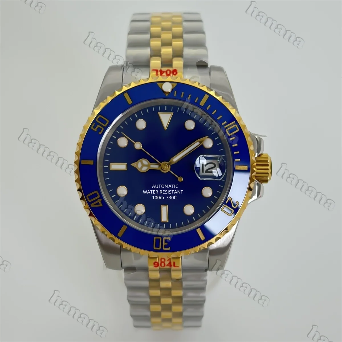 NH35 PT5000 Men's Diving 40mm Silver Gold Watch Blue dial Gold Index Light C3 luminous one-way rotation waterproof 100m