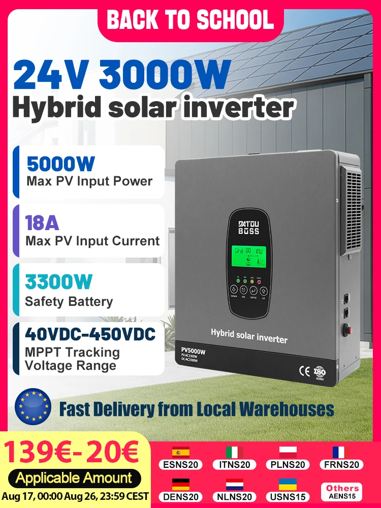 DATOUBOSS 24V 3300W 24V DC zu 220V AC Hybrid-Solarwechselrichter Photovoltaik-Stromerzeugungssystem 5000W PV 120A MPPT Schnellladung