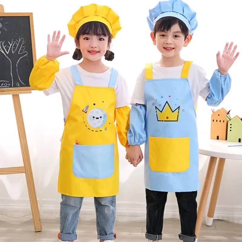 3pc Children Kitchen Apron Set Baking Kids Painting Apron Waterproof Art Cooking Bib Cartoon Drawing Smock Front Pocket