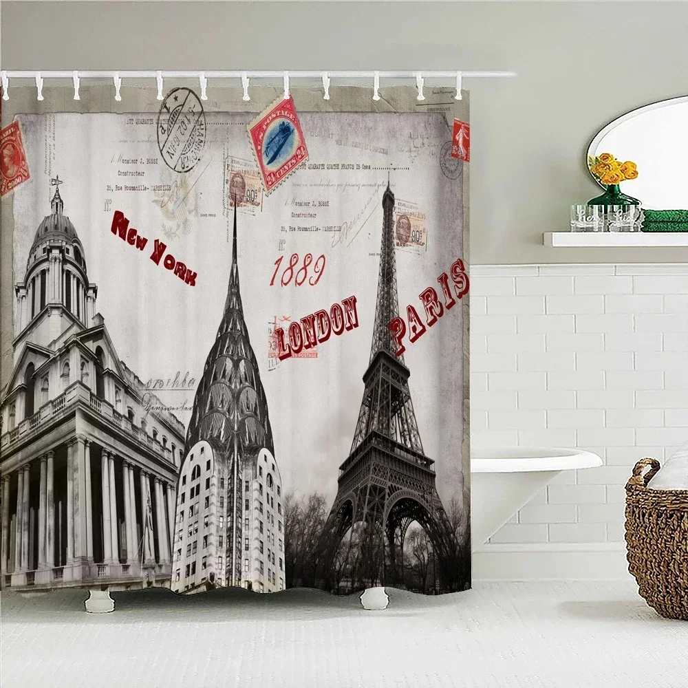 Retro Style Paris Tower Shower Curtain Bathroom Curtains European Flower Scenery Waterproof Polyeste Fabric Bathtub Decorate