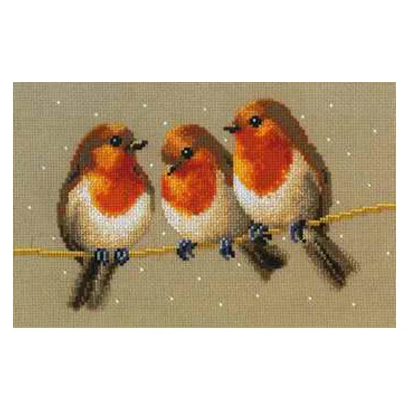 Amishop Top Quality Lovely Cute Counted Cross Stitch Kit Winter Snow Robin Robins Three's A Company