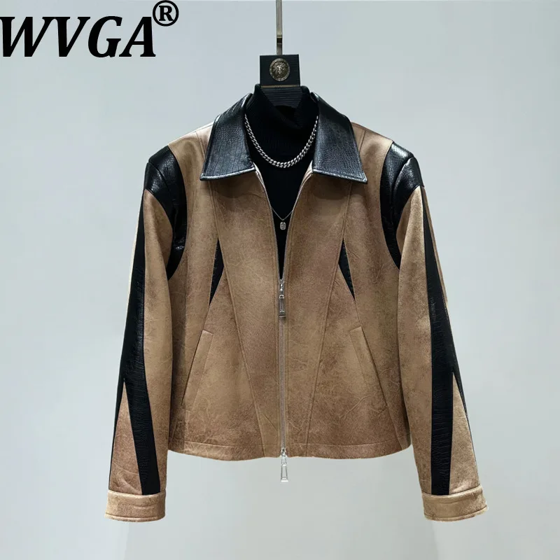

WVGA Autumn Winter New Men Tide High-End Patchwork Color-Block Turn-Down Collar Leather Jacket Niche Chic Casual Coat Ins W16594