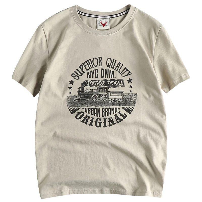 Summer American Retro Short-sleeved O-neck Locomotive Printed T-shirt Men\'s Fashion Simple 100% Cotton Washed Casual Sport Tops
