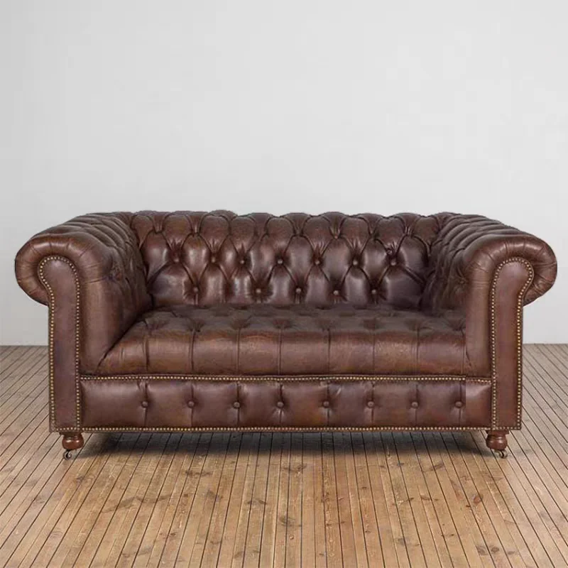 Classic oiled wax cowhide sofa, American-style villa club bar tufted sofa, vintage distressed genuine leather cigar bar sofa