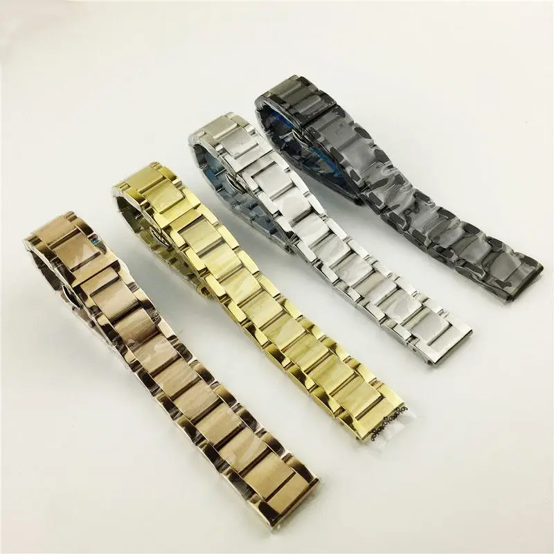 316L Stainless Steel 18mm 20mm 21mm 22mm Universal Straight End Three-beads Butterfly Clasp Watch Strap Band Silver Black Gold