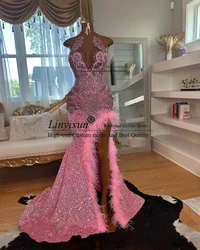 Pink Velvet Sequin Prom Dresses For Black Girls Women Mermaid Birthday Party Dress Luxury Feathers African Slit Evening Gown