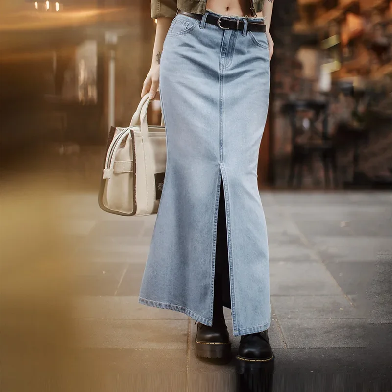 

Maden Vintage Women’s Heavyweight Washed Denim Mermaid Skirt Mid Waist Fishtail Long Jeans Skirt Bodycon Slit Dress for Fall