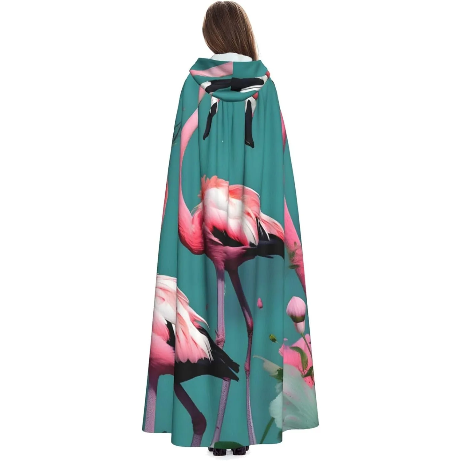 

Flamingo Flowers Print Adults Hooded Cloak With Halloween Christmas Witch Cape Robe Costume Party