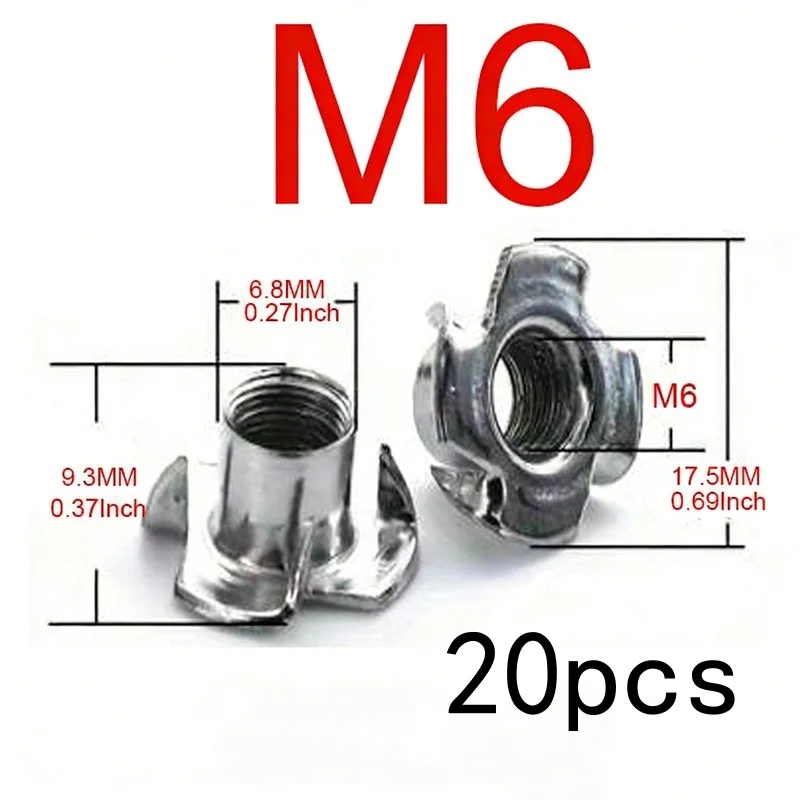 20pcs M6 Full Thread Four-claw Nut Four-point Lock Rust-proof Safety Insert For Woodworking Climbing