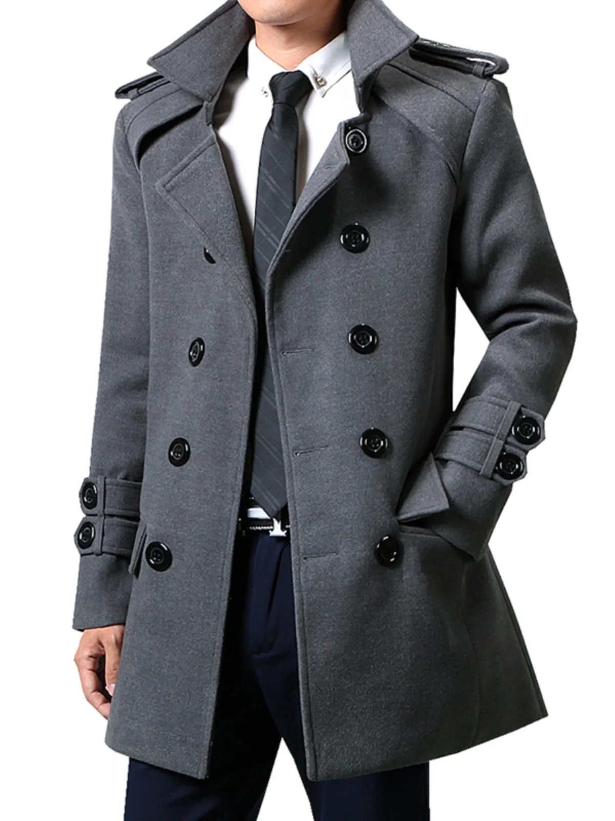 معطف صوف رجالي سميك للخريف والشتاء بأسلوب حضري عصري مزدوج الصدر بطول متوسط على الطراز الكوري #3