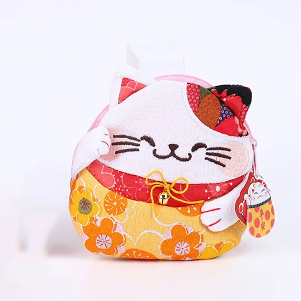 

Retro Japanese Style Maneki Neko Coin Purse Flower Printing Wallets Lucky Cat Clutch Bag Zipper PU Card Holder Men