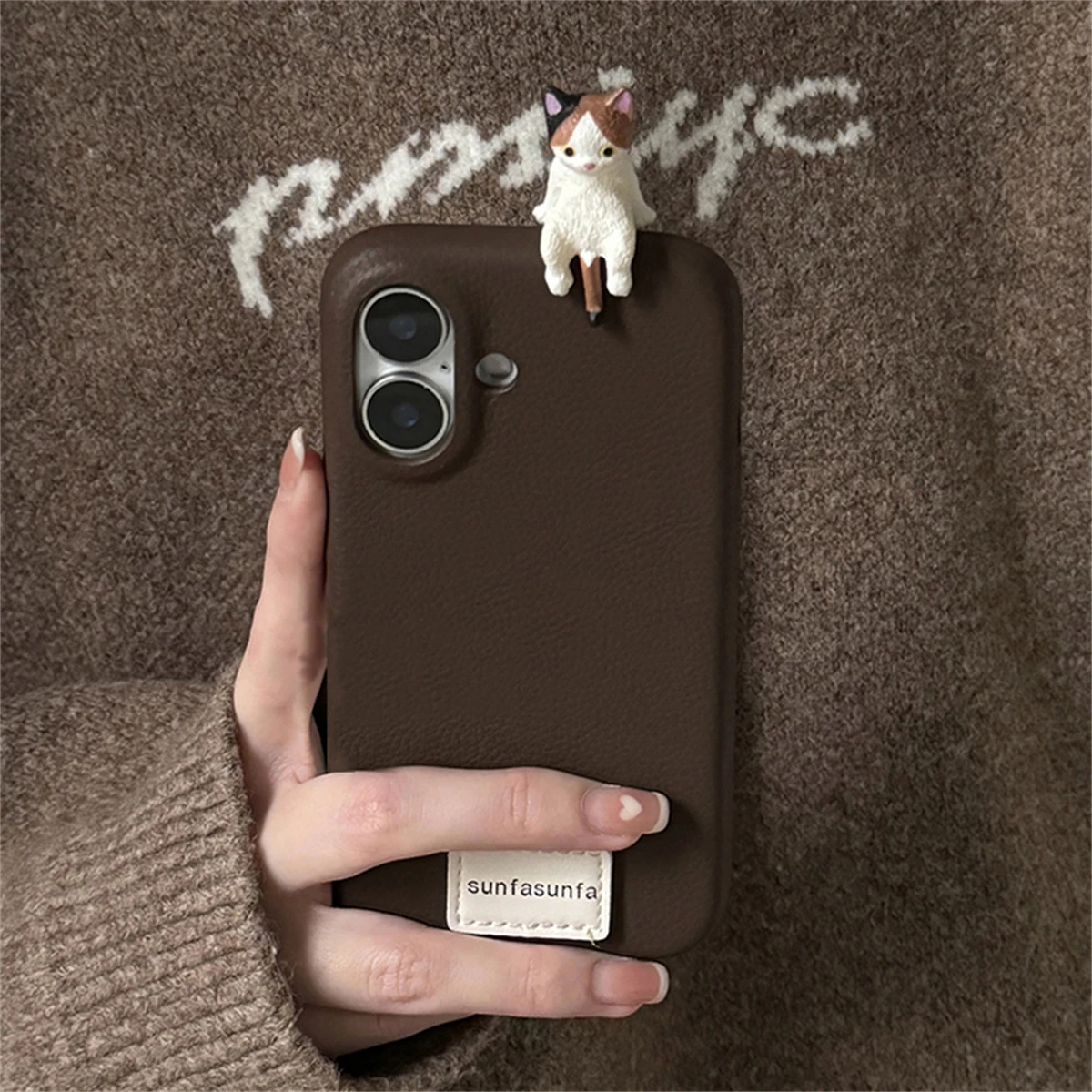 Korean Cute 3D Cat Soft Litchi Pattern Phone Case For iPhone 16 15 14 13 12 11 Pro Max Plus Lovely Anti Drop Shockproof Cases