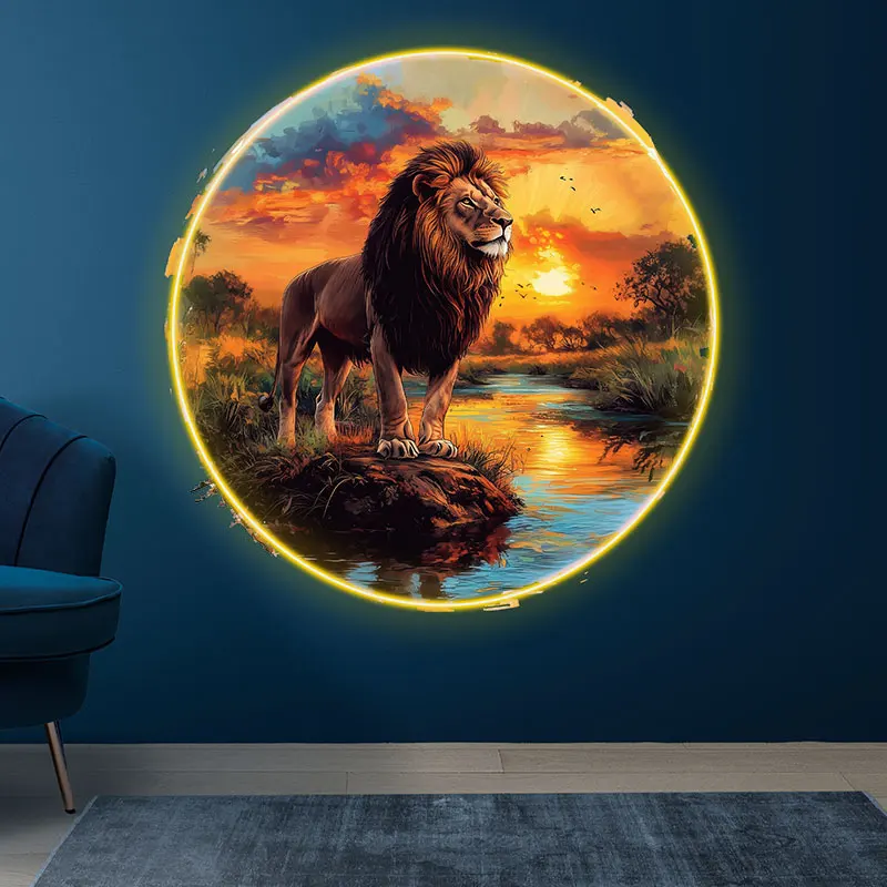 Majestic Lion Art Neon Sign, Wildlife LED Wall Art for Home Decor, Safari Themed Room, Stunning Sunset African Lion Scene Gift