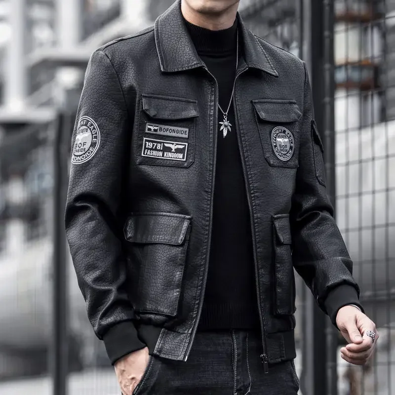 Men Leather Coat Winter New Fleece-Lined Thicken Large Size Loose Motorcycle Clothing Fashion Lapel Casual Men Leather Jacket