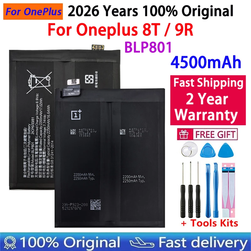 2026 Years Original New High Quality One plus BLP801 Phone Battery For Oneplus 8T / 9R 4500mAh Replacement Batteries Bateria