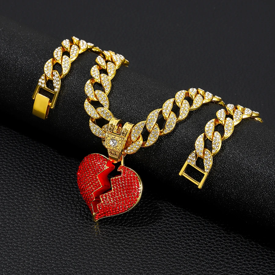 Iced out 15mm miami cuban chain jewelry alloy and rhinestone hip hop red heart pendant necklace