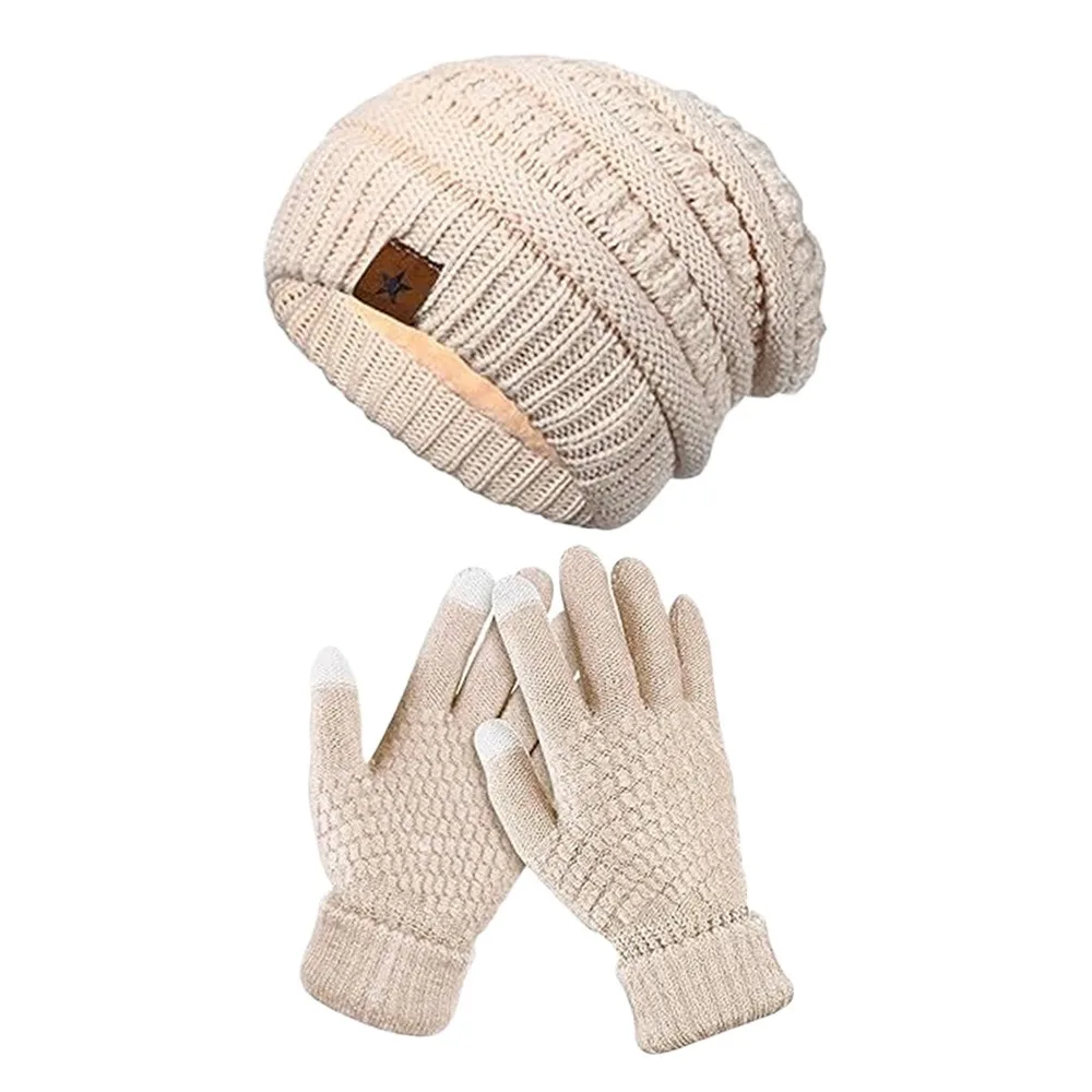 

2PCS/Set Winter Warm Women Hats Gloves Set Soft Windproof Knitted Hat Ear Protection Plush Touchscreen Gloves Outdoor