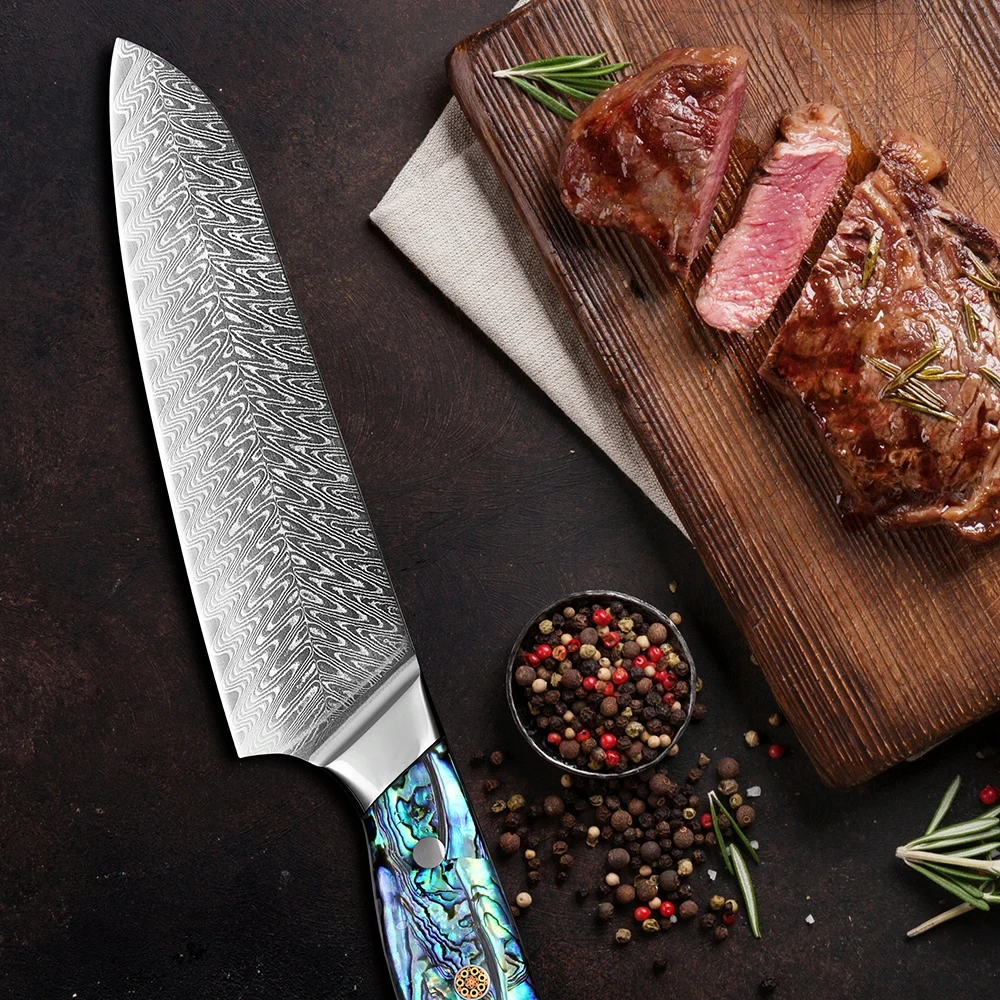 

7-inch Damascus VG10 Steel Santoku Knife Japanese Sashimi Specialty Knife Fine Abalone Handle Chef Grade Kitchen Cooking Knife