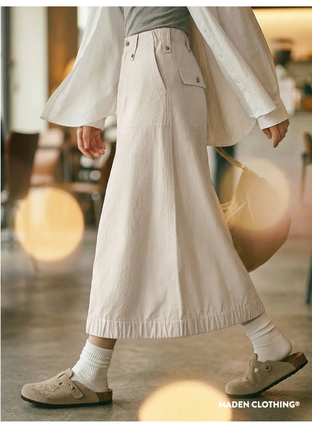 Maden Women's Cargo Skirt A Line Midi Back Slit High Waist Vintage Off White Casual Zipper Skirt for Spring Summer