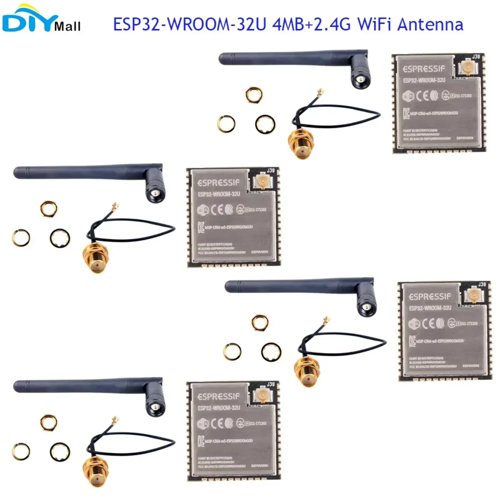 4pc ESP32-WROOM-32U 4MB Universal WiFi-BT-BLE MCU Module Dual CPU Core for ESP-32s ESP-32+UFL to Female SMA 2.4G WiFi Antenna