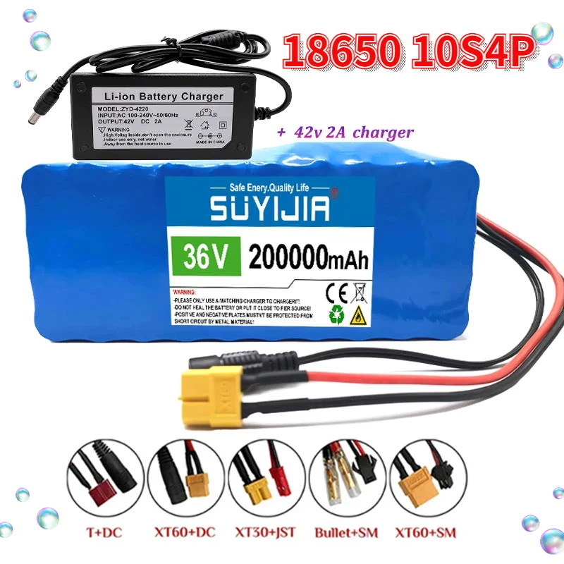 

36V 200000mAh Large Capacity Rechargeable Lithium Battery Pack 18650 10S4P for Electric Bicycle Scooter Power Tools Built-in BMS