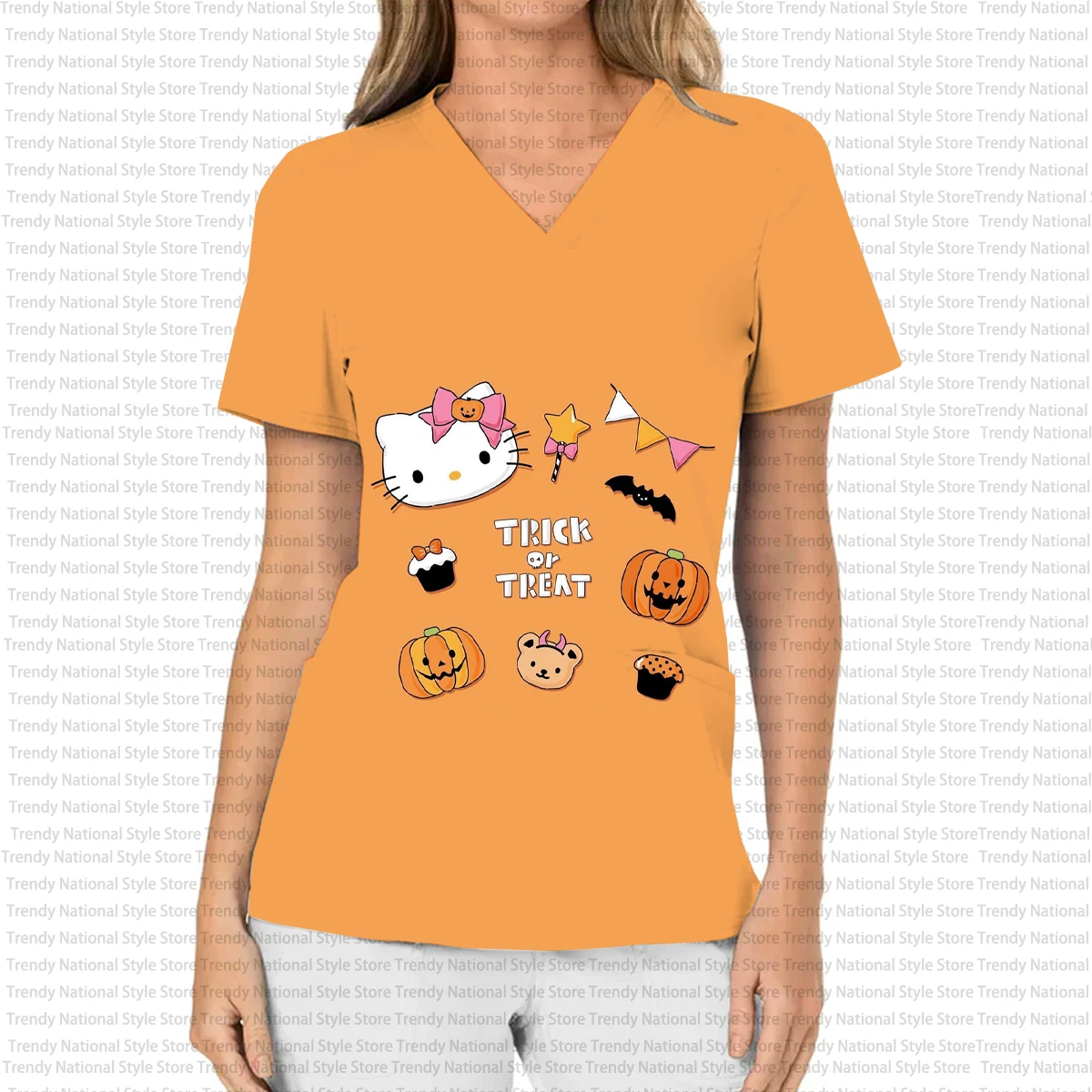 Damen-Halloween-T-Shirt mit Hello Kitty-Aufdruck, Damen-Arbeitsuniform, Damen-T-Shirt mit V-Ausschnitt und Taschen-Peeling-Top, medizinisches Zahnpflege-T-Shirt