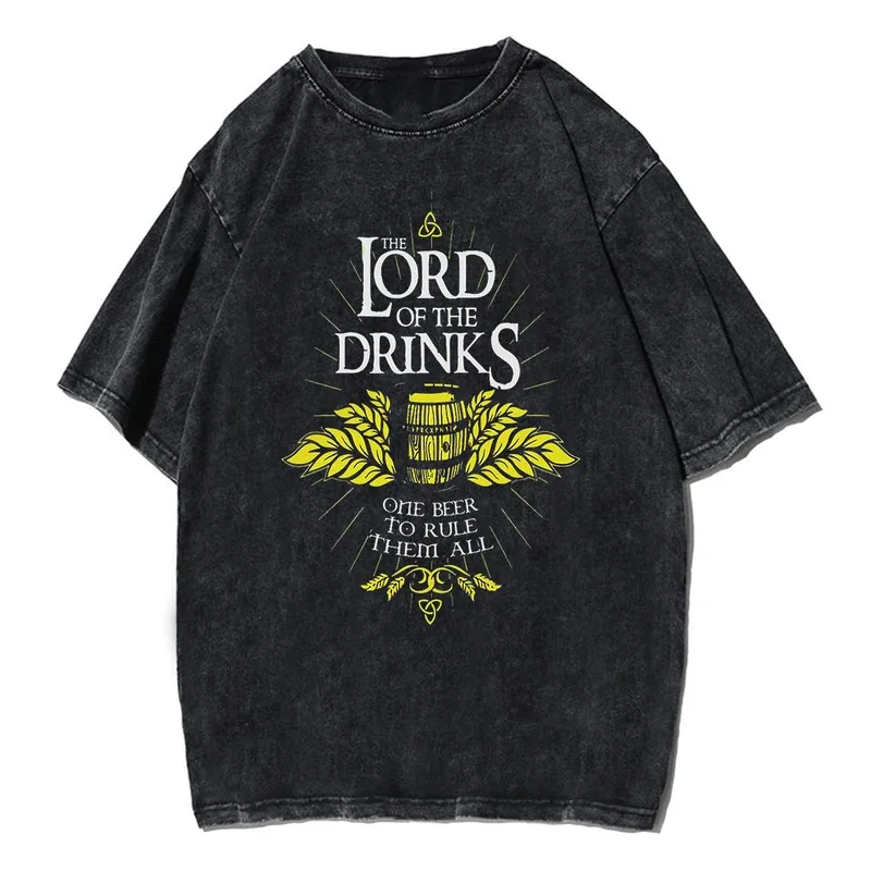 Denim Tshirt Men Women Unisex Top Tee Clothing LORD OF DRINKS One Beer To Rule Them All Washed Cotton Oversize Loose T Shirt