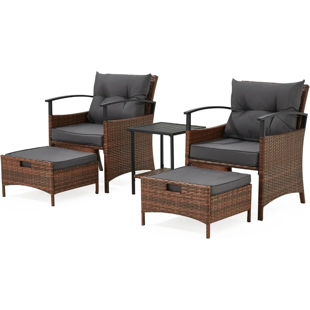 

5 Pieces Patio Furniture Set, Outdoor Wicker Chairs with Pull Out Ottoman & Metal Coffee Table, Rattan Conversation Set for Gard
