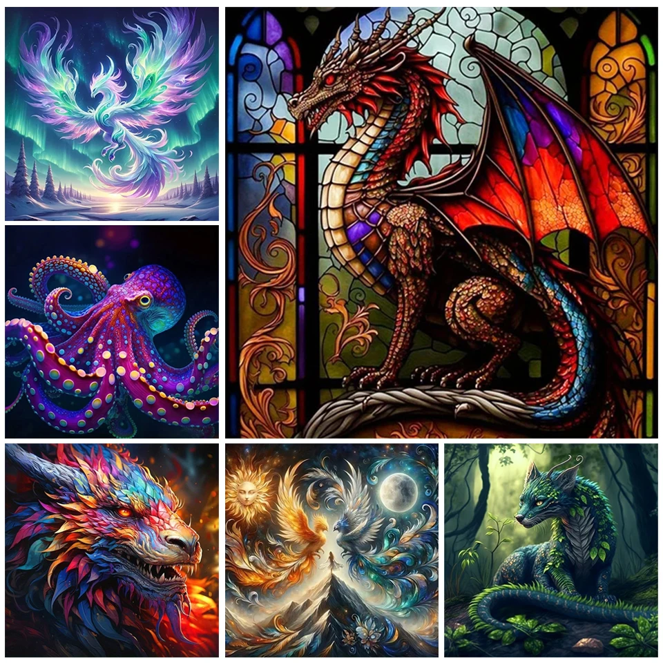 Full Square & Round Diamond Art Painting colorful animal Phoenix Dragon 5D Diy Embroidery Mosaic animal fantasy home decor