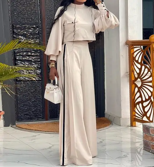 New Hot Selling 2023 Fashion Women's Large Loose Half High Neck Long Sleeve Top Wide Leg Pants Casual Pants Set