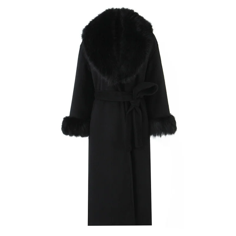 

Elegant Black Long Over-Knee Women's Coat with Large Fur Collar Fashionable Luxury Feel Outerwear Winter Season Other Material
