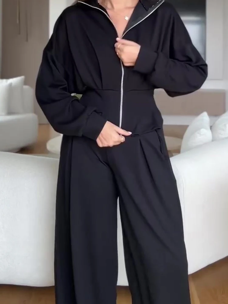 New Lapel Long Sleeve Zipper Tops&Pocket Pants Sets Fashion Casual Women's Sport Sets Elegant High Waist Belt Commute Two Piece